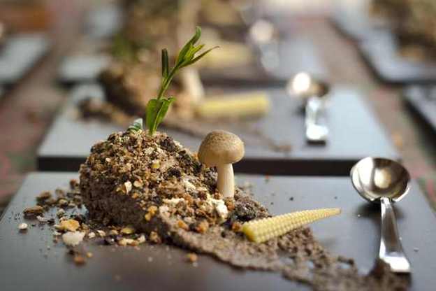 Martin Milesis   fake potato  with mushroom earth black olives and corn