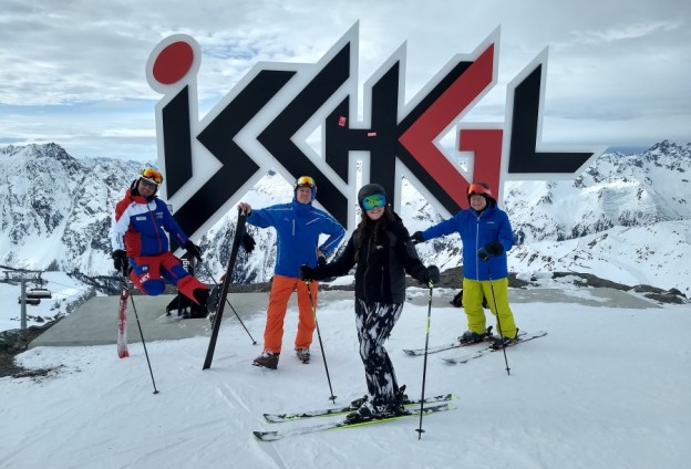 Sensational Skiing in Ischgl. Posing by Ischgl sign. Pic Michael Cranmer