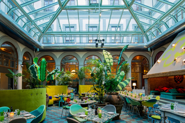 Rebecca Hall takes in the unique surroundings in the converted monastery hotel of 25 Hours Hotel Firenze in Florence.