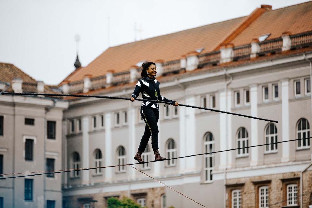Acrobat Cie Basingan walks the tightrope at the Confluence festival Kaunas