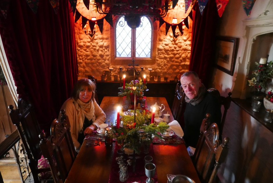 Sue and James in the ancient dining room at Talliston House